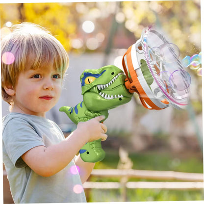 Child holding a green dinosaur-shaped bubble gun with bubbles in the background