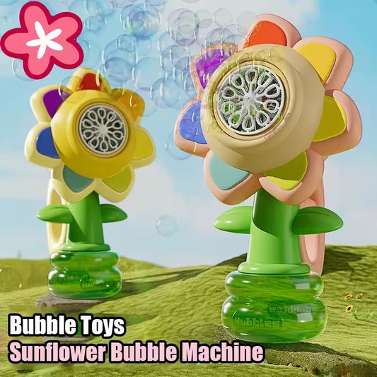Sunflower-shaped bubble toys with a blue sky and bubbles in the background