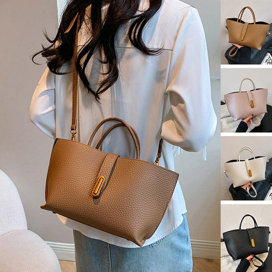 Person holding a brown handbag with additional images of different handbags.