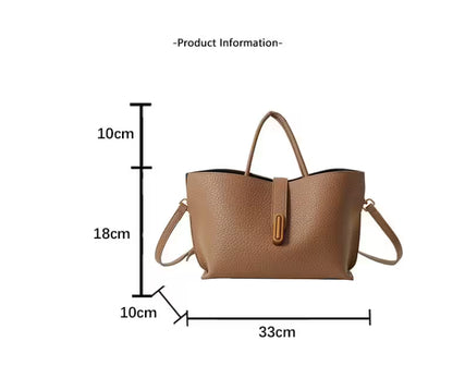 Brown handbag with dimensions labeled on a white background