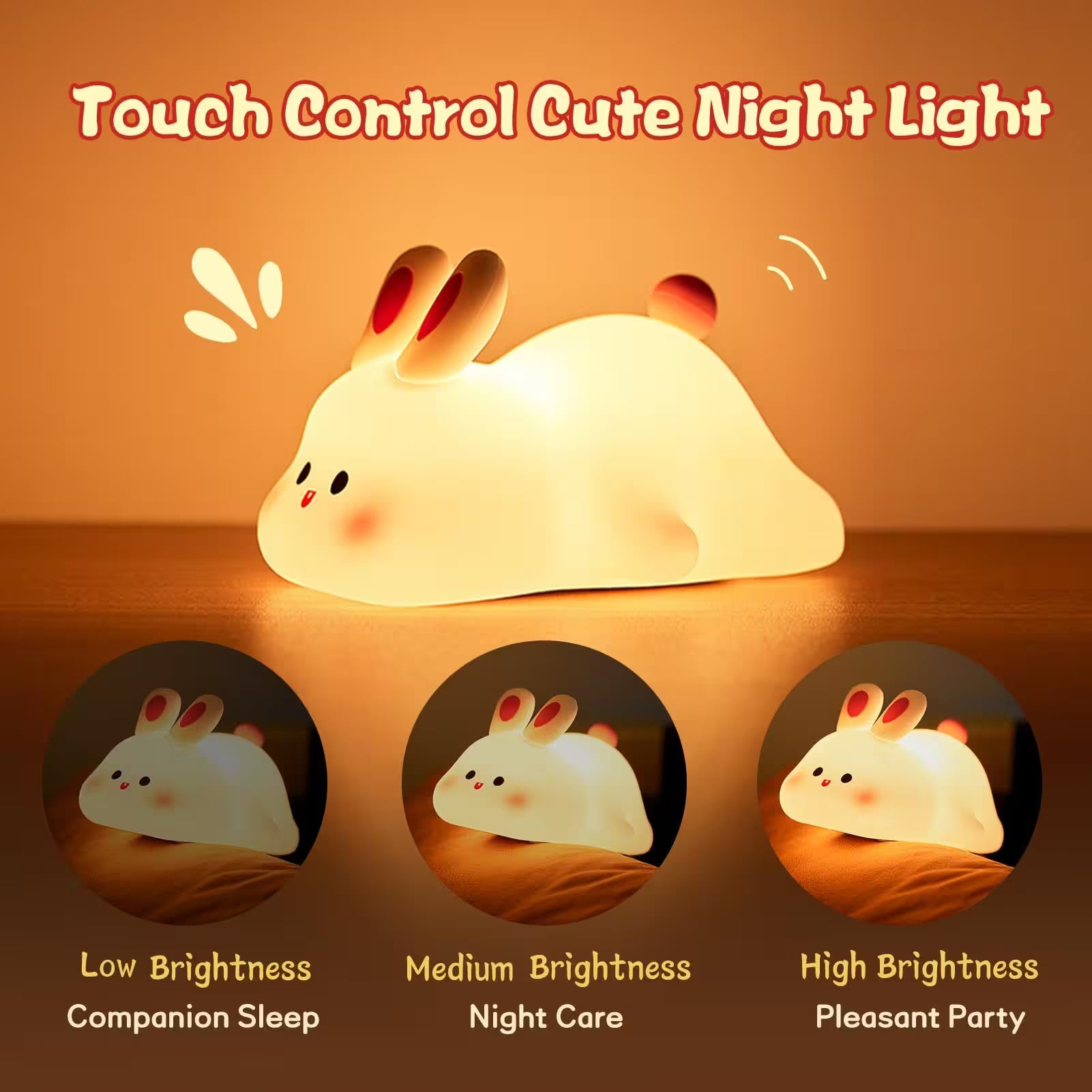 Cute rabbit-shaped night light with brightness control options on a warm background