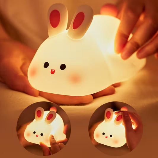 Cute rabbit-shaped night light being held by a hand with additional insets showing the product.