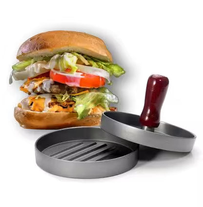 Hamburger press with a prepared burger in the background on a white background
