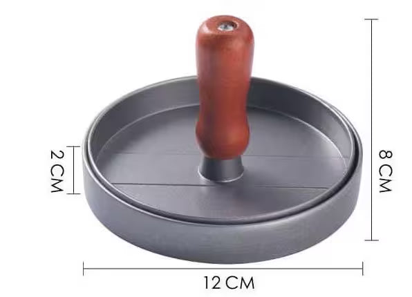 Round metal tool with a wooden handle and dimensions labeled