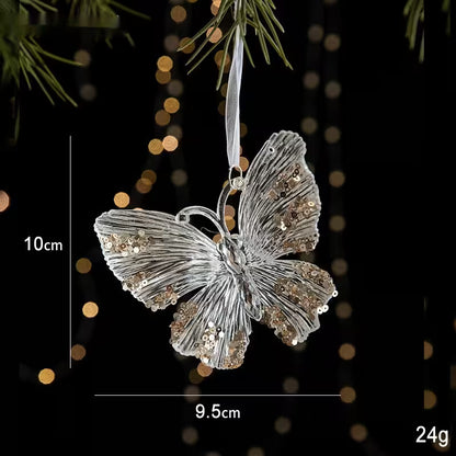 Butterfly ornament with measurements and weight on a dark background