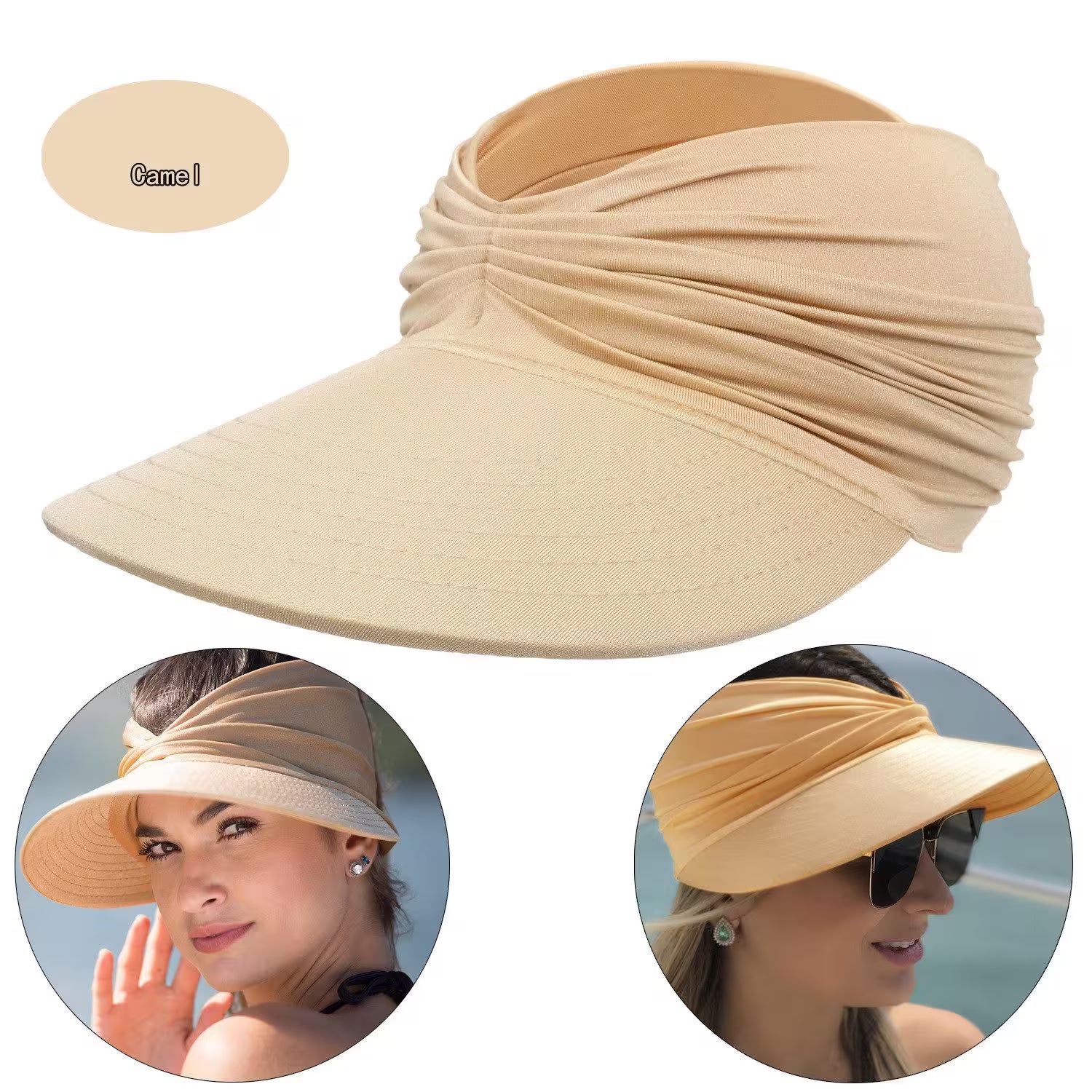 Beige sun visor hat with two inset images of women wearing it.