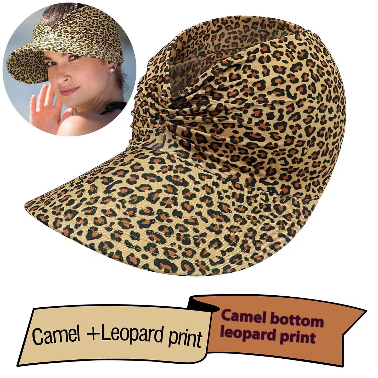 Leopard print visor hat with a woman wearing it inset on the left.