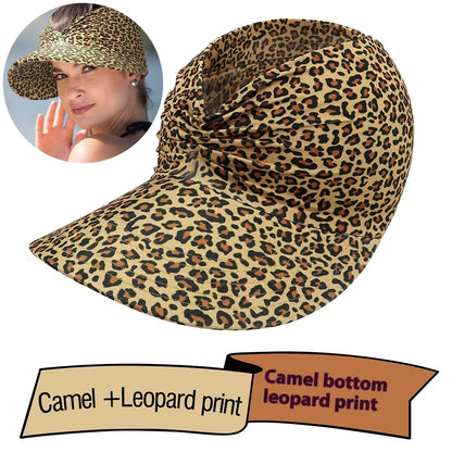 Leopard print visor hat with a woman wearing it inset on the left.