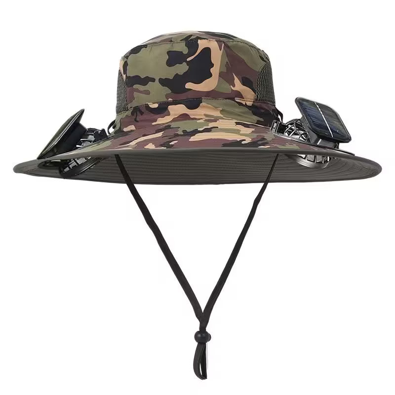 Camouflage bucket hat with solar panel and phone holder on a white background