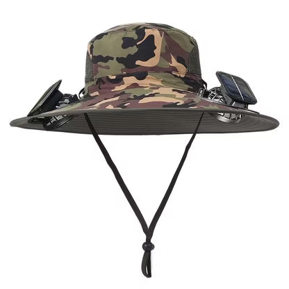 Camouflage bucket hat with solar panel and phone holder on a white background
