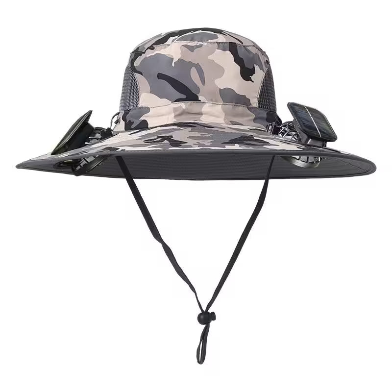 Camouflage bucket hat with chin strap on a white background