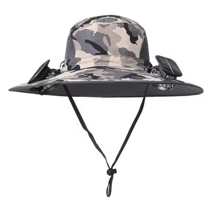 Camouflage bucket hat with chin strap on a white background