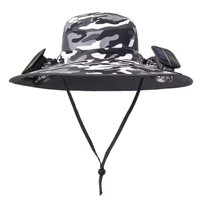 Camouflage bucket hat with solar panels on a white background