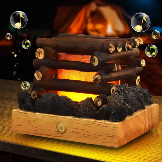 Wooden log fire pit with glowing interior on a wooden surface, surrounded by decorative elements.