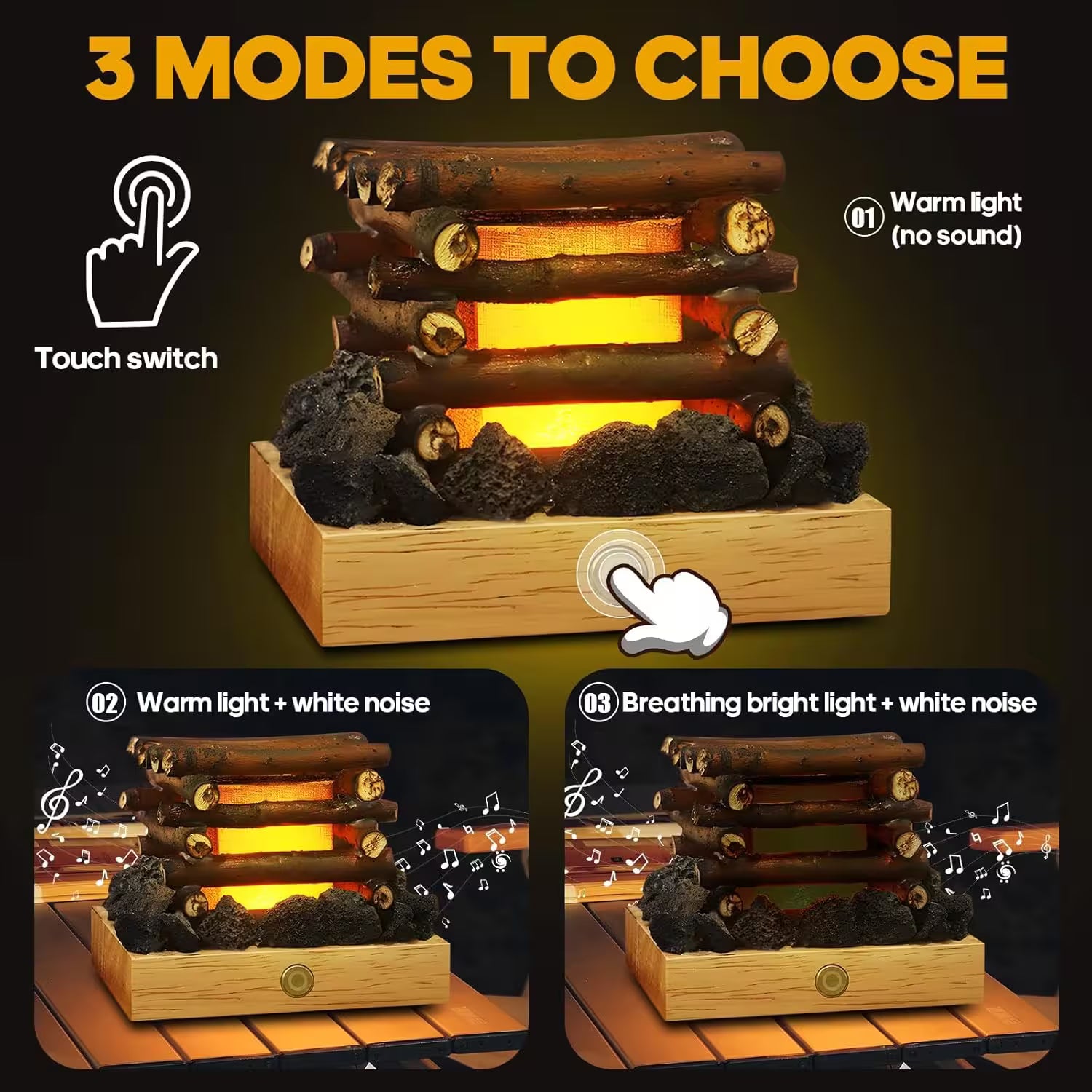 Wooden log fire pit with touch switch for different modes on a dark background