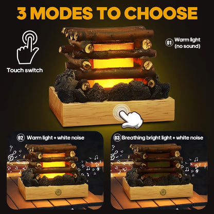 Wooden log fire pit with touch switch for different modes on a dark background