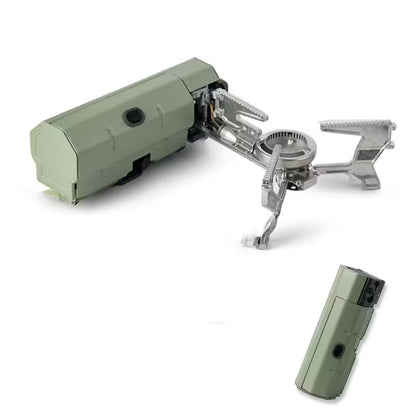 Portable camping stove with green tank and silverburner on a white background