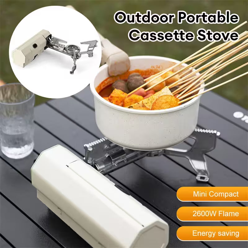 Outdoor portable cassette stove with food on a table