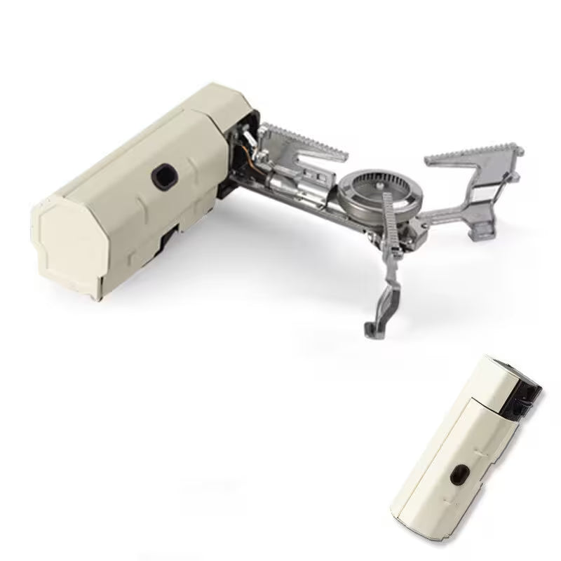 Portable camping stove with two fuel canisters on a white background