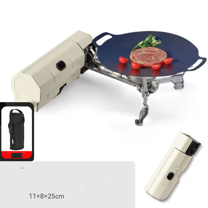 Portable camping stove with a blue cooking pan on a white background