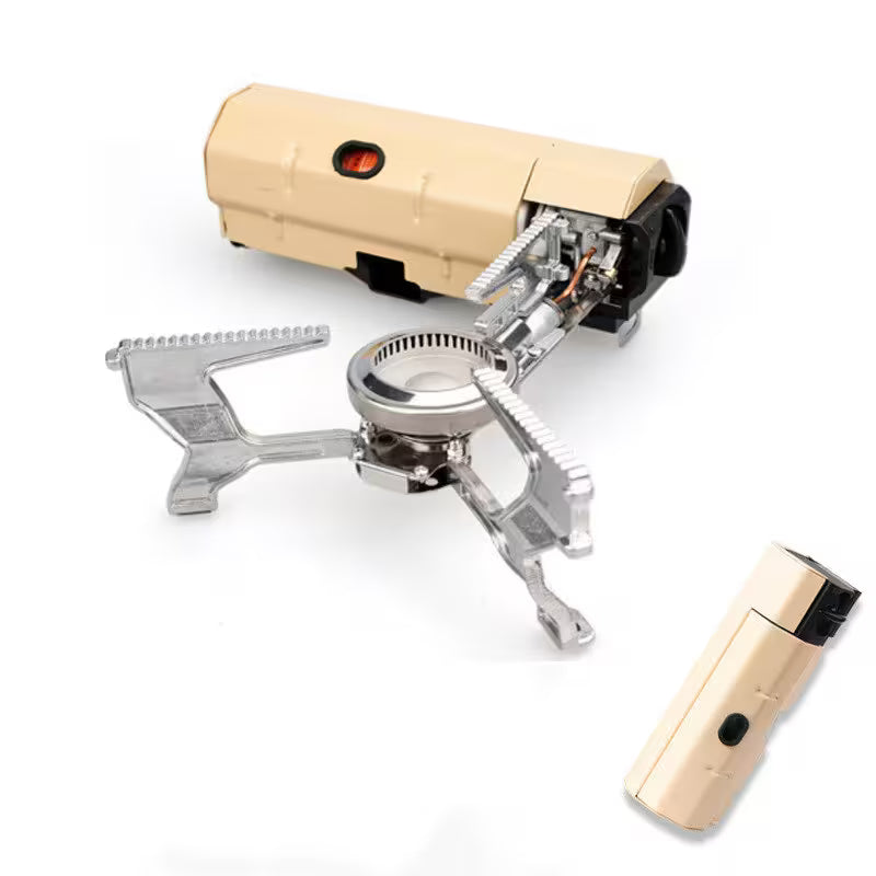 Portable camping stove with beige tank and silver base on a white background