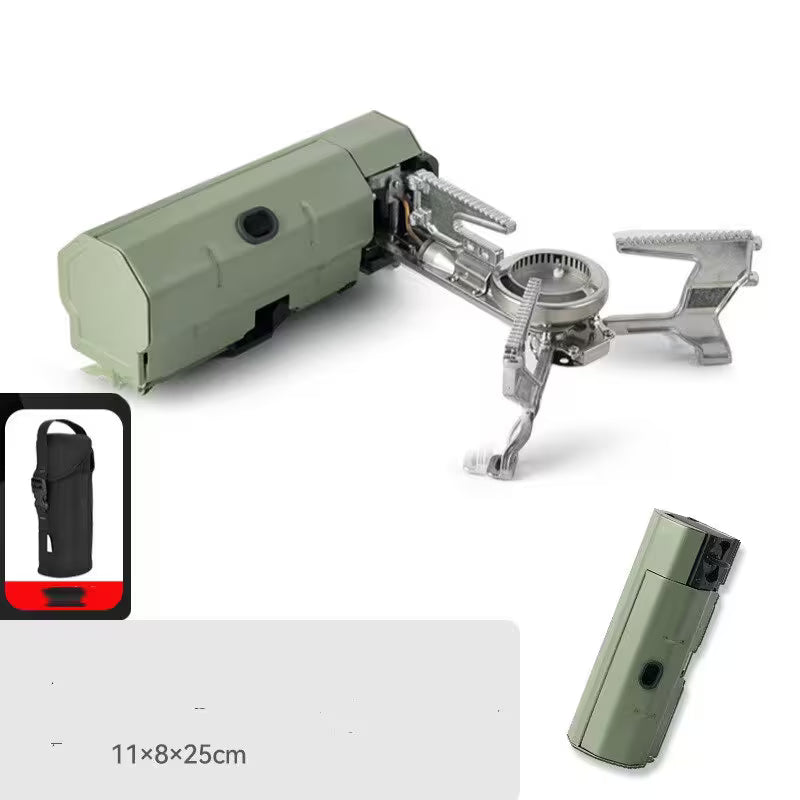 Portable camping stove with fuel canister on a white background