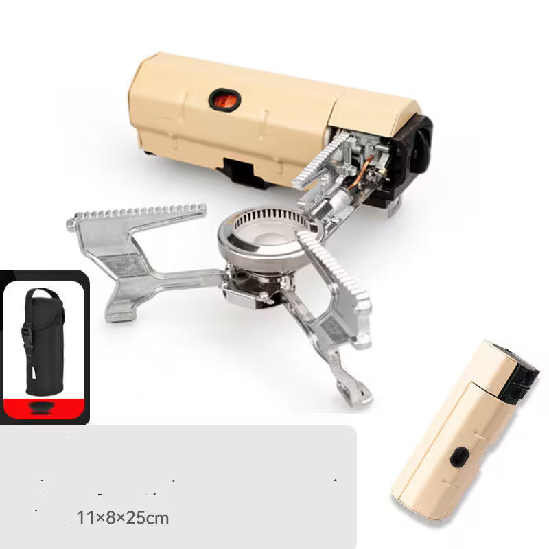 Portable camping stove with beige tank and metal base on a white background