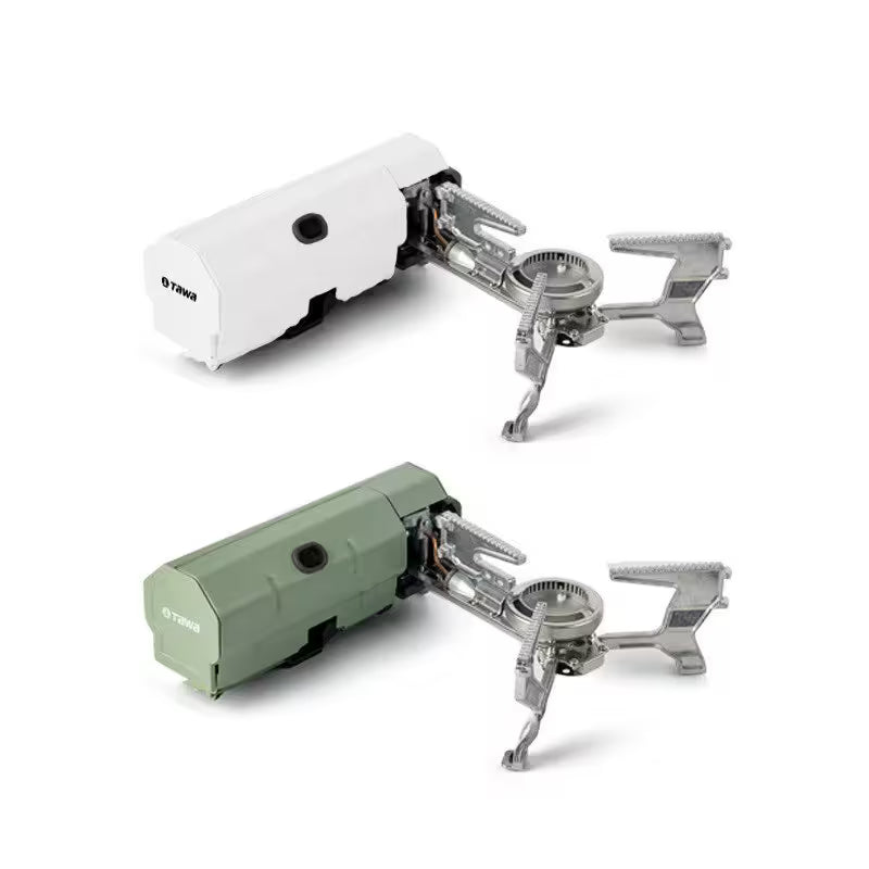Two camping stoves, one white and one green, on a white background.