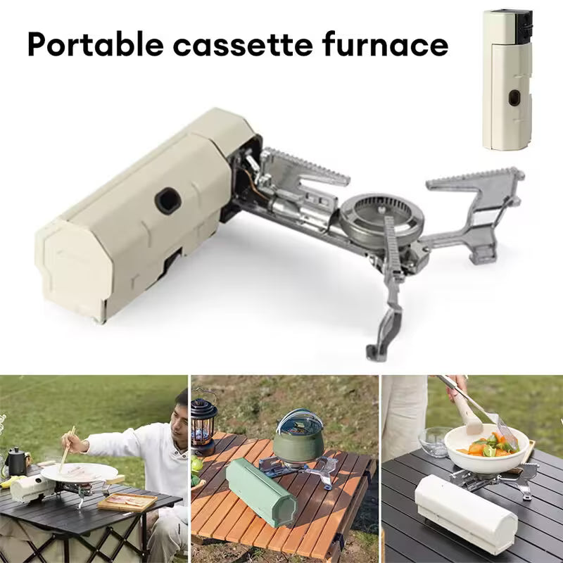 Portable cassette furnace with images of use outdoors and on a table.