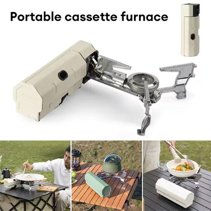 Portable cassette furnace with images of use outdoors and on a table.