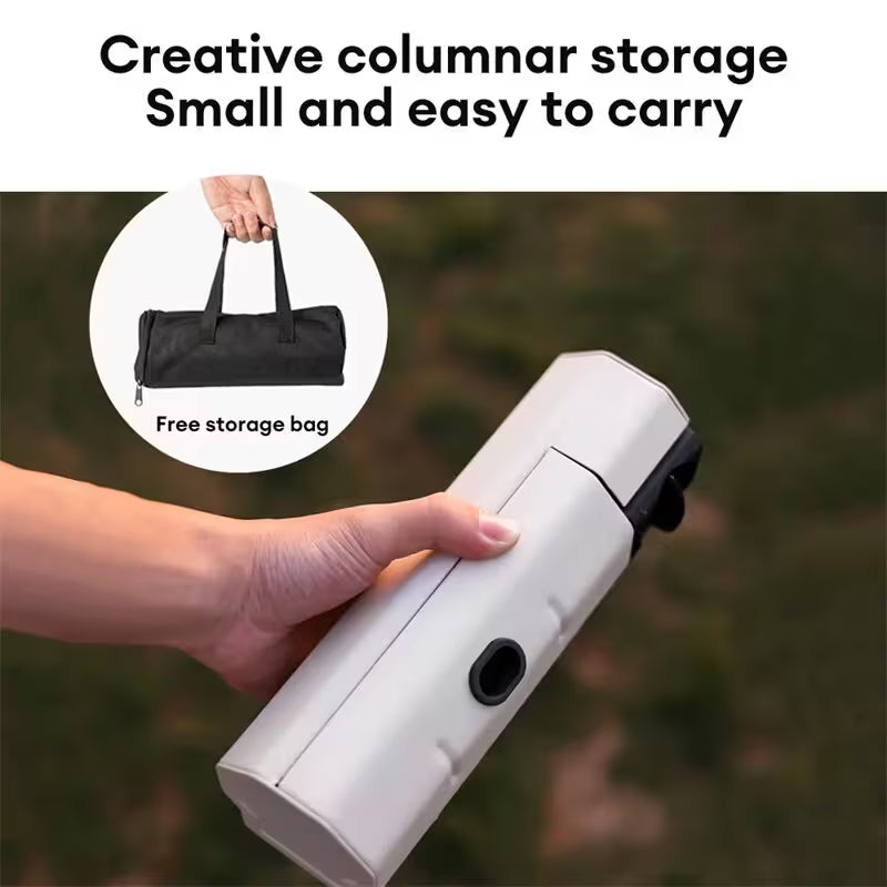 Hand holding a white cylindrical device with a black handle, featuring text about creative columnar storage and a free storage bag.