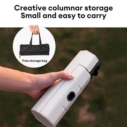 Hand holding a white cylindrical device with a black handle, featuring text about creative columnar storage and a free storage bag.