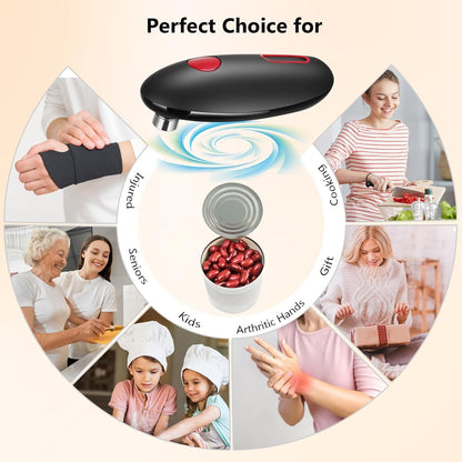 Black handheld device with red button surrounded by images of people using it for various purposes.