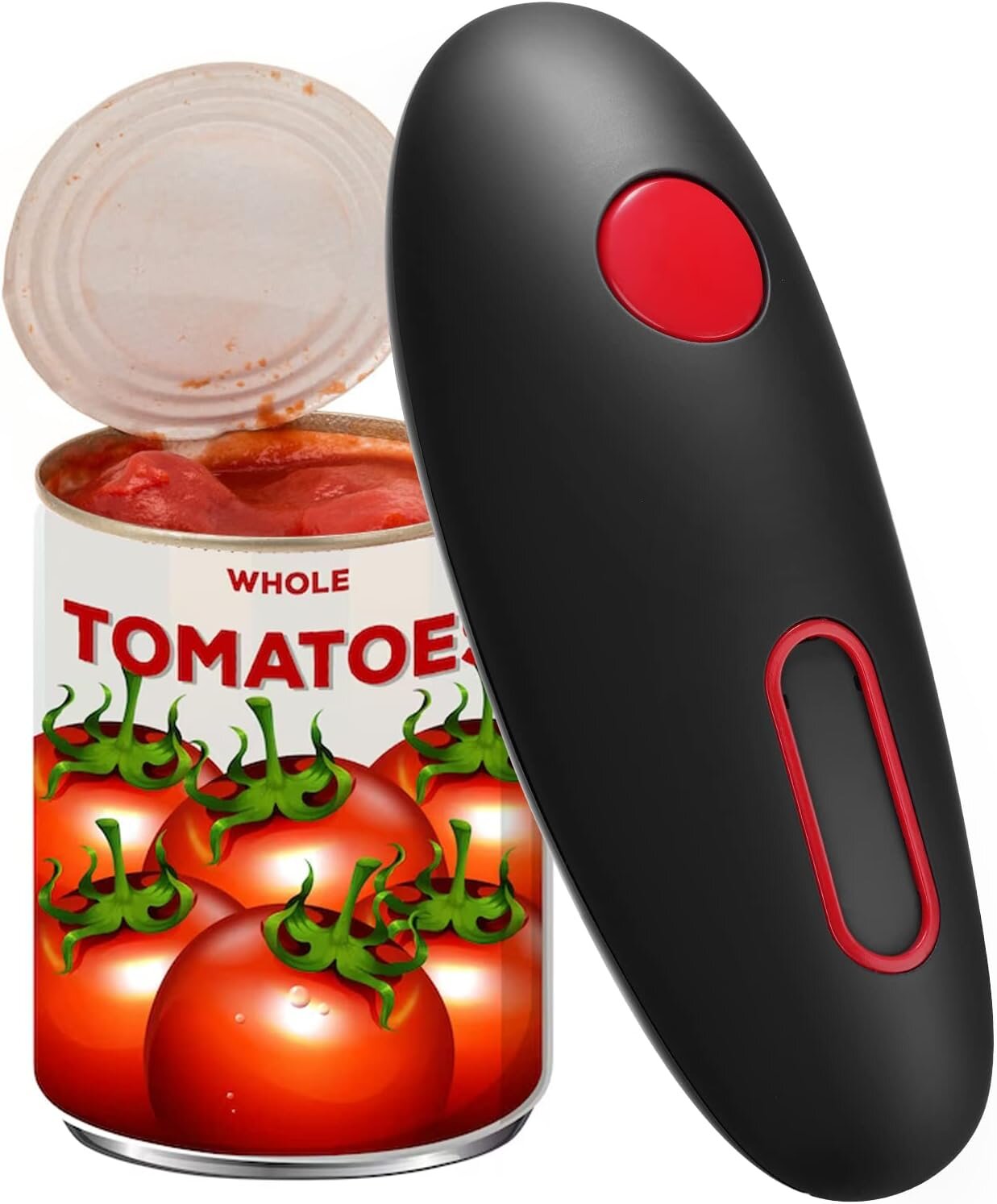 Black and red can opener next to a can of whole tomatoes on a white background
