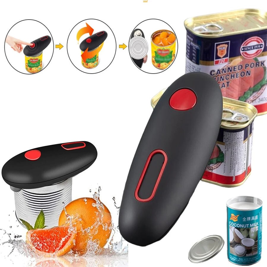 Can opener with red button next to canned goods and oranges