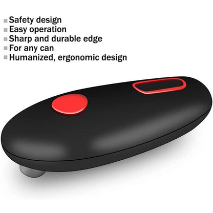Black can opener with red button on a white background