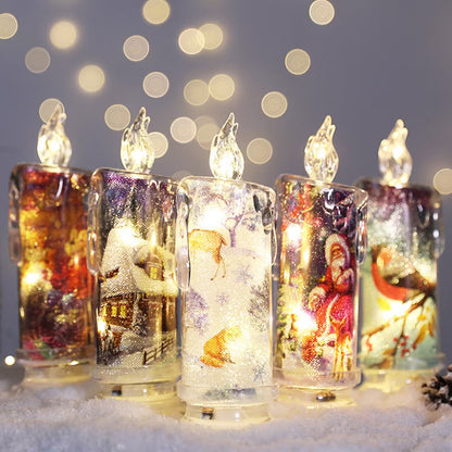 Decorative candles with winter scenes inside, glowing softly against a blurred light background.