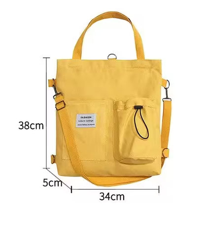 Yellow tote bag with measurements on a white background
