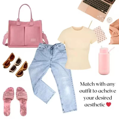 Collage of a yellow t-shirt, blue jeans, pink tote bag, sunglasses, pink sandals, and pink tumbler on a white background.