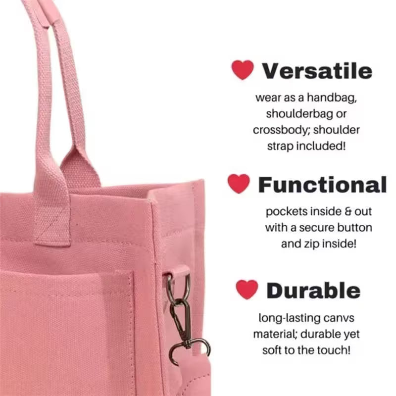 Pink tote bag with text highlighting its versatility, functionality, and durability.