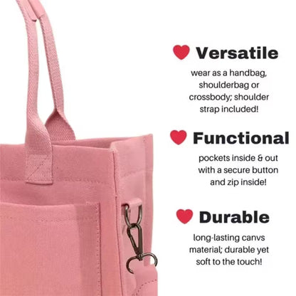 Pink tote bag with text highlighting its versatility, functionality, and durability.