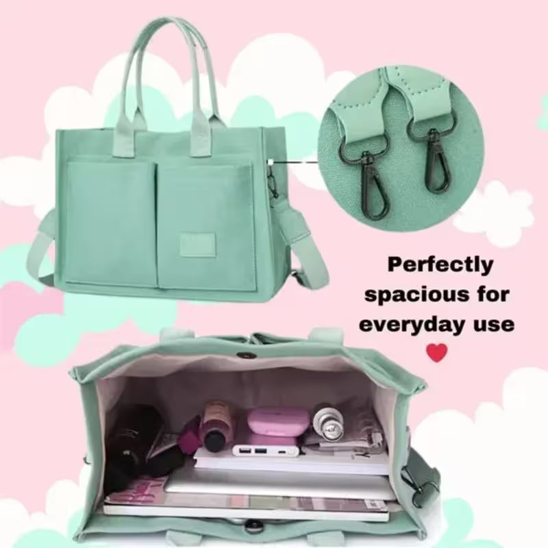 Mint green handbag with shoulder strap, open showing contents on a pink cloud background