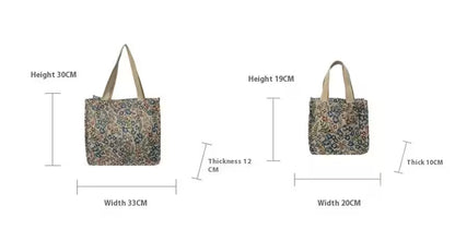 Two floral-patterned bags with measurements on a white background