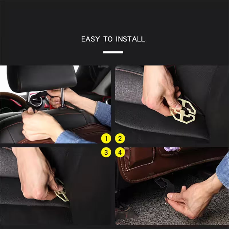 Step-by-step guide on how to install a car seat cover with close-up shots of hands performing actions.