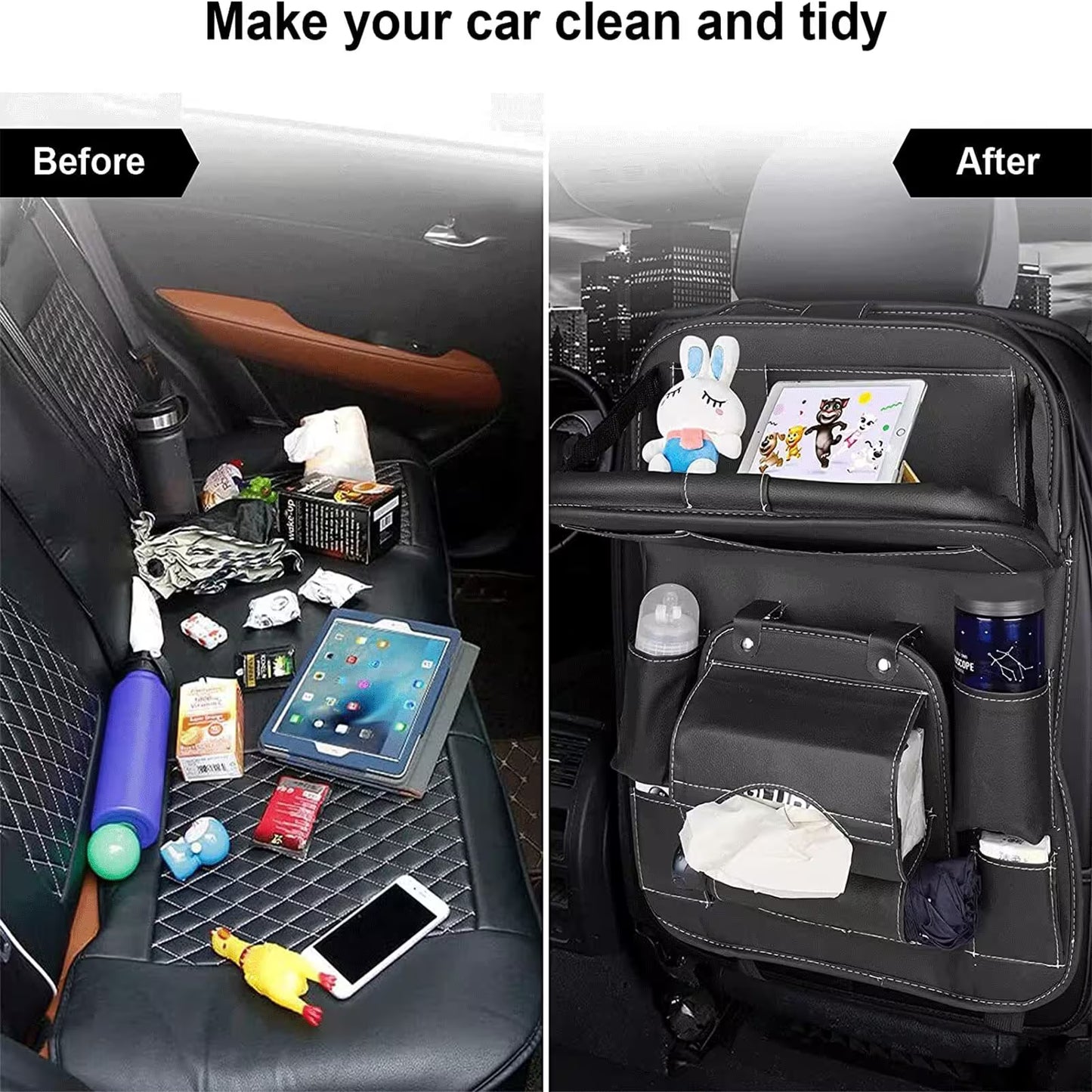 Car organizer before and after use with various items in a disorganized and organized state.