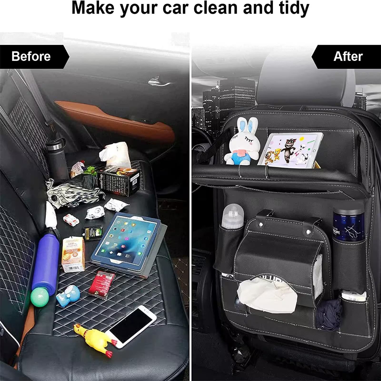 Car organizer before and after use with various items in a disorganized and organized state.