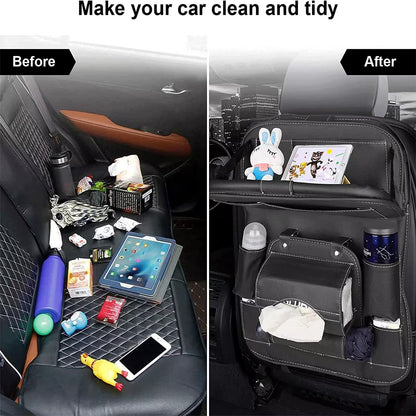 Car organizer before and after use with various items in a disorganized and organized state.