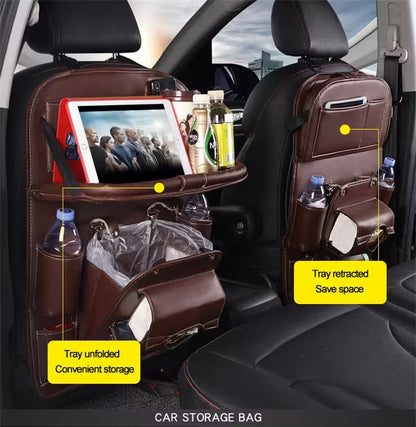 Car storage bag with tray extended and retracted in a car interior.
