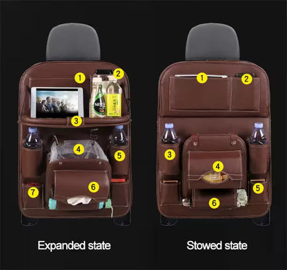 Car seat organizer in expanded and stowed states with labeled compartments.