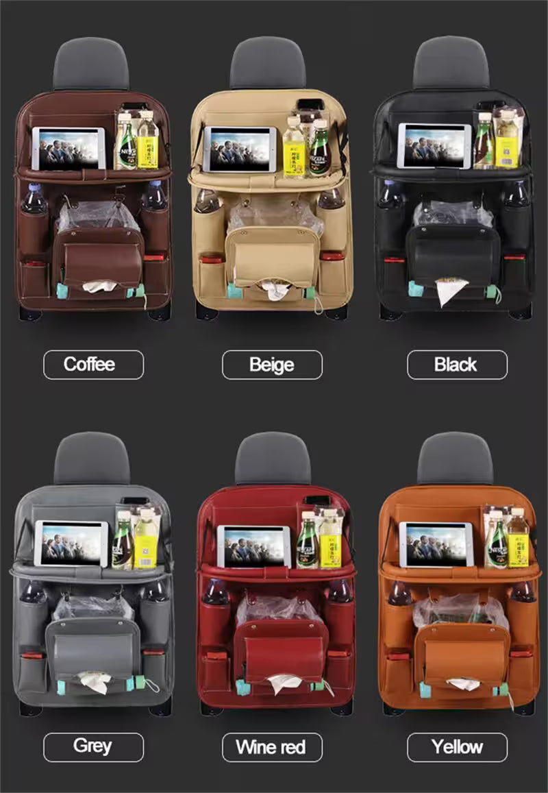Car seat organizer with various color options on a dark background